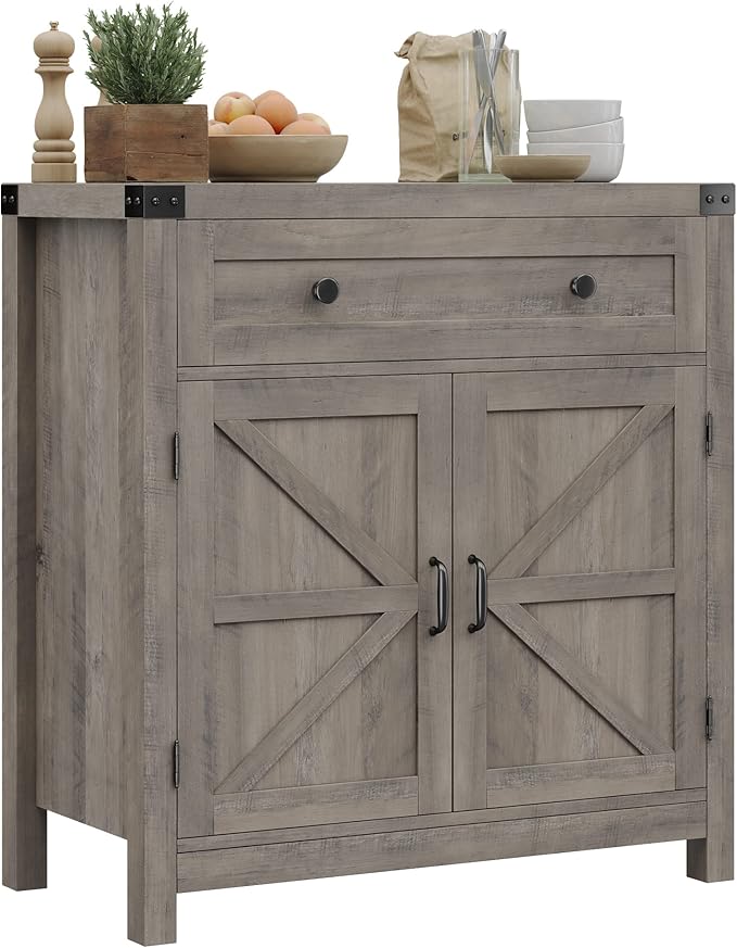 HOSTACK Coffee Bar Cabinet, Kitchen Storage Cabinet, Modern Farmhouse Buffet Sideboard with Drawer and Adjustable Shelf, Barn Door Accent Cabinet for Kitchen, Dining Room, Entryway, Ash Grey
