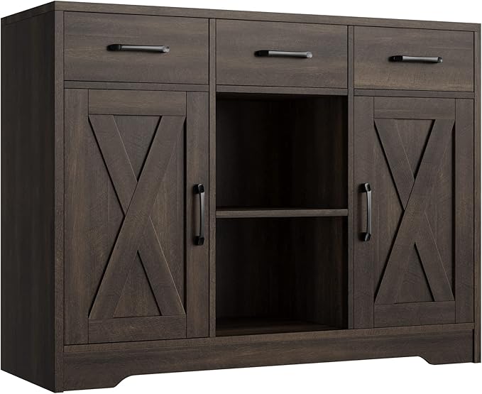 Modern Farmhouse Buffet Storage Cabinet with Barn Doors Sideboard with Drawers and Shelves, Wood Coffee Bar Cabinet for Kitchen, Dining Room, Living Room, Dark Brown
